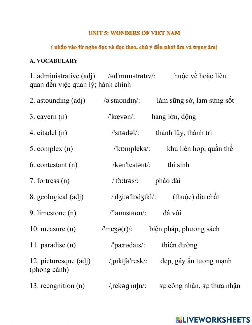 Unit 5. Wonders of Viet nam