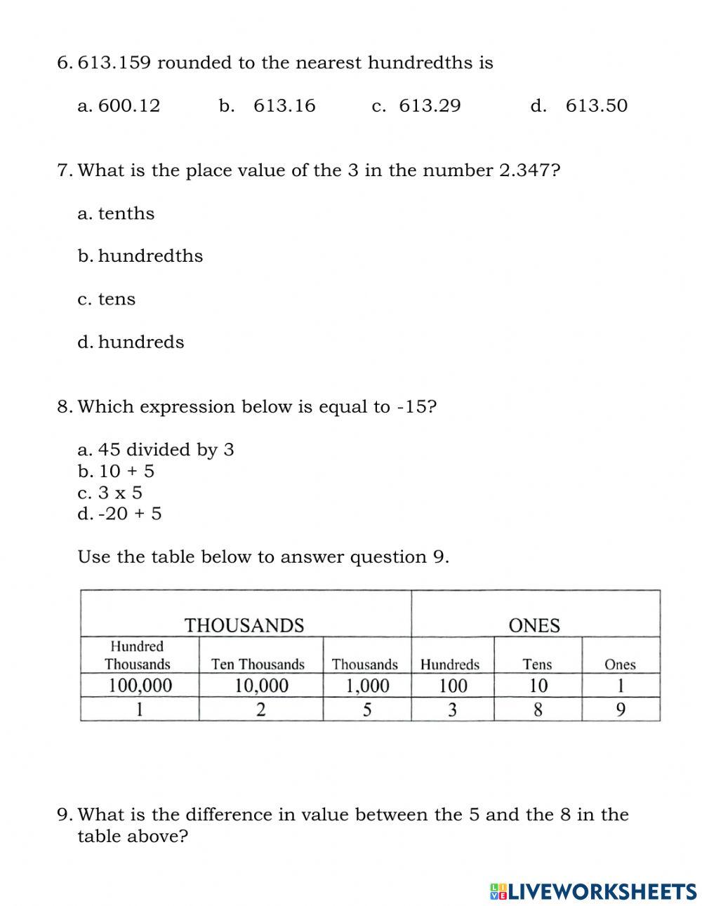 Math Test (cycle one)
