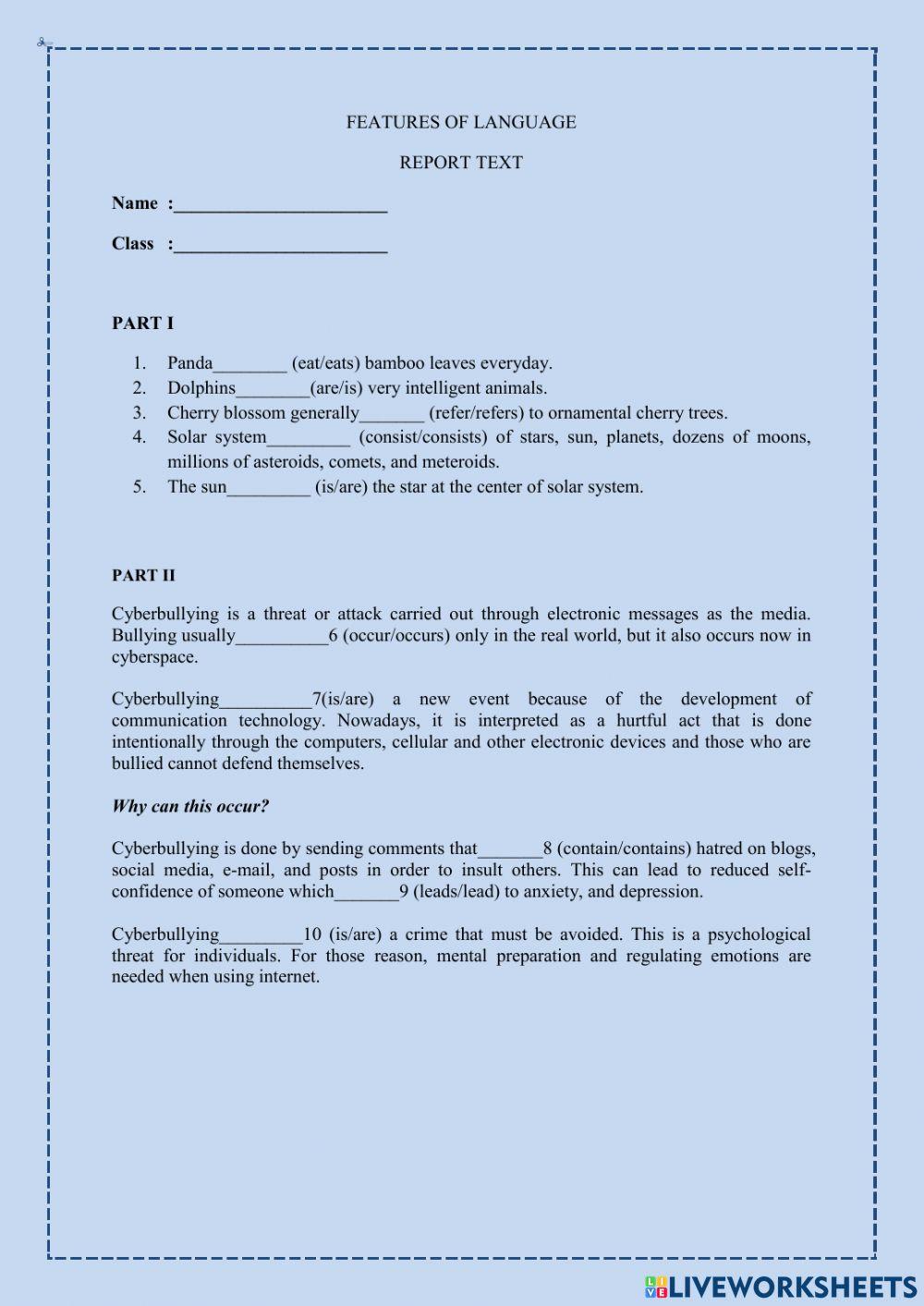 Features of language report text online exercise for | Live Worksheets