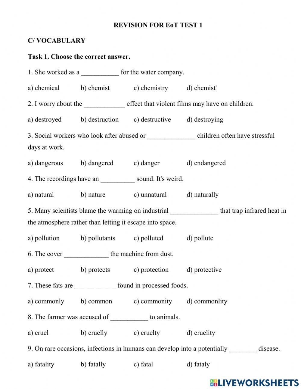 REVISION FOR EoT TEST 1 Vocabulary