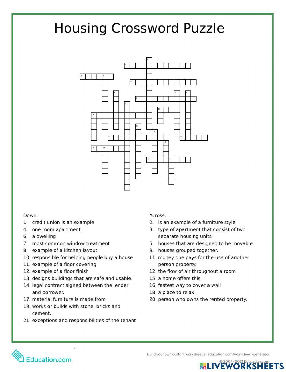 Housing Crossword online exercise for Live Worksheets