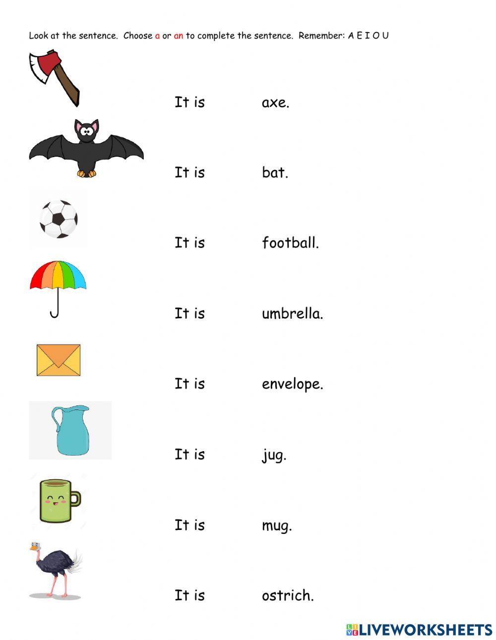 Pdf online activity: A or an | Live Worksheets