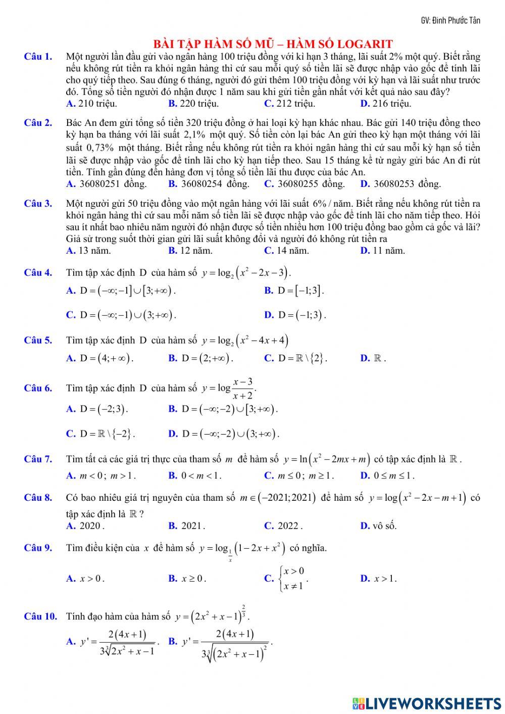 Hàm số mũ, hàm số logarit