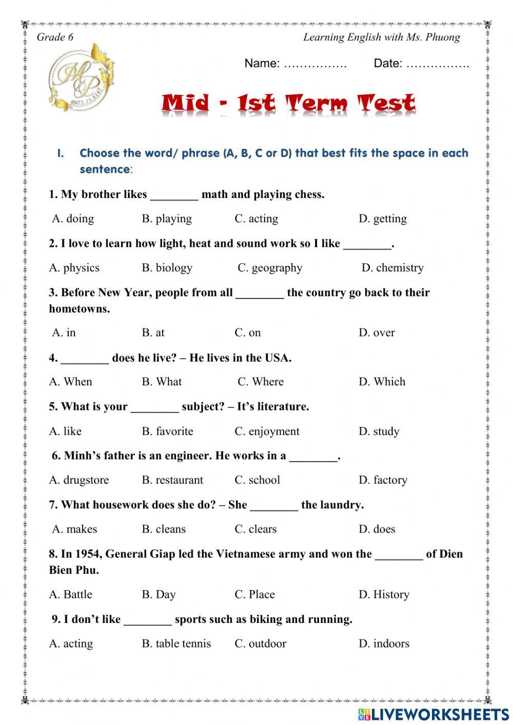 I learn Smart World 6 - Mid-First Term Test 1