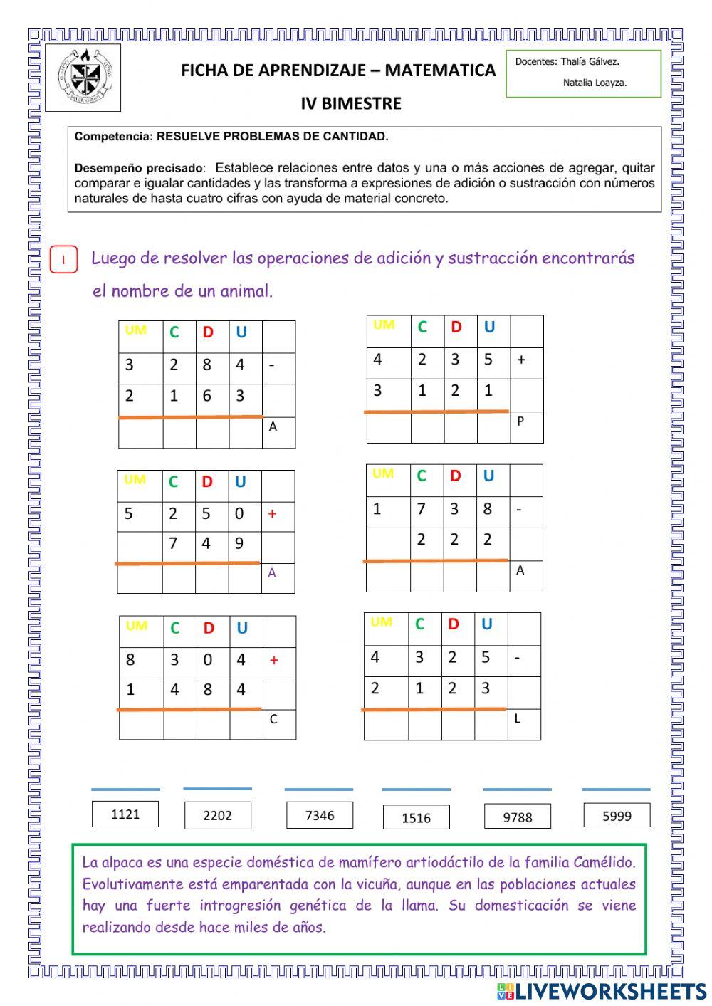 SUMAS Y RESTAS DE CUATRO CIFRAS online exercise for | Live Worksheets