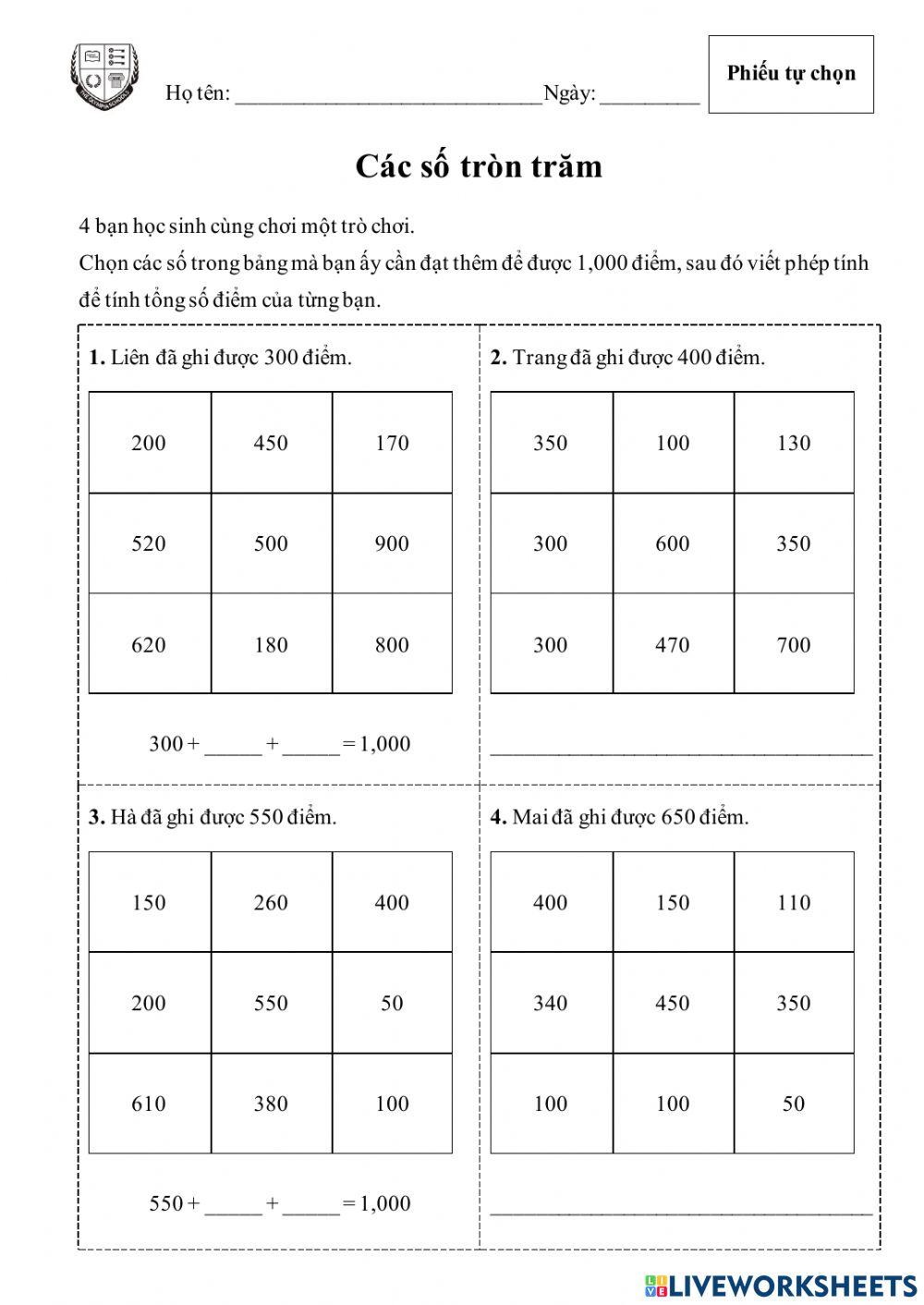 W14-53-Các số tròn trăm (phiếu tự chọn)