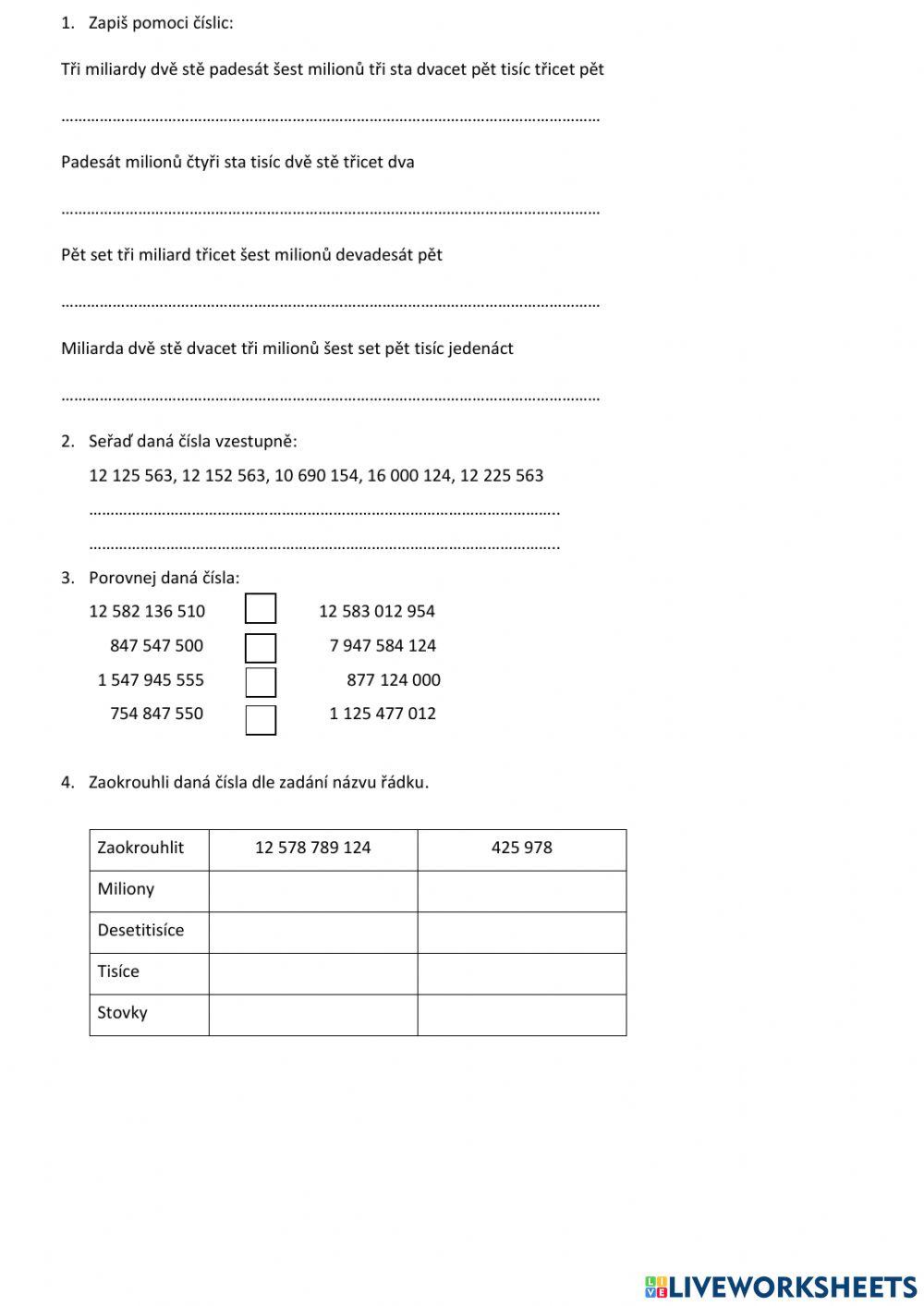 Velká čísla - zápis, porovnání, zaokrouhlování