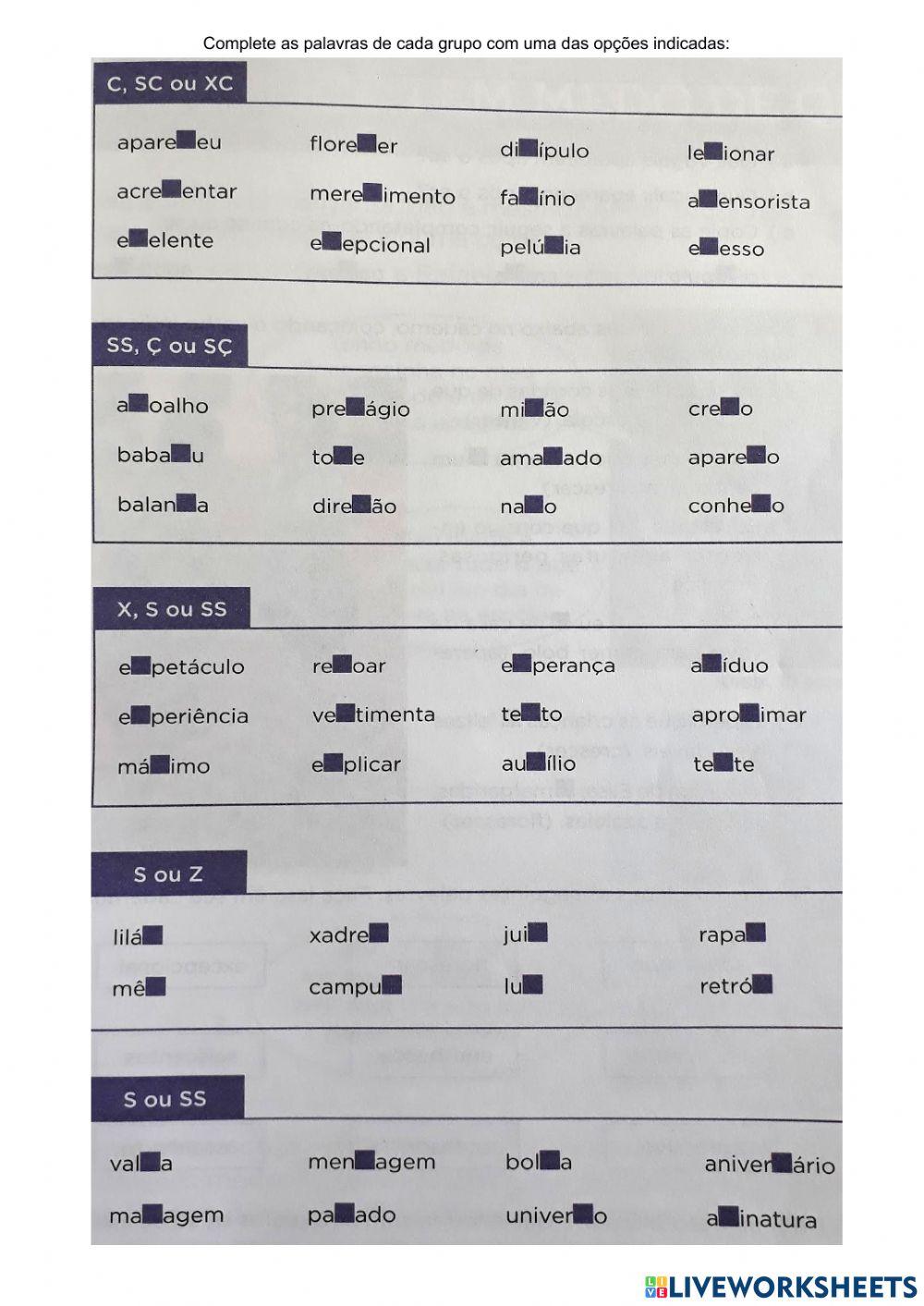 Ortografia c,ç,s,ss,sc,xc,sç,x,z