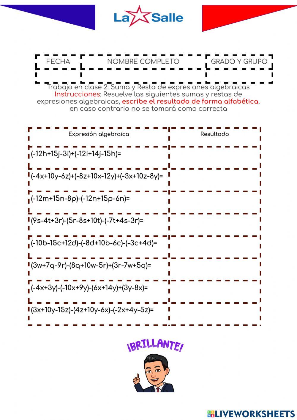 Suma y resta de expresiones algebraicas
