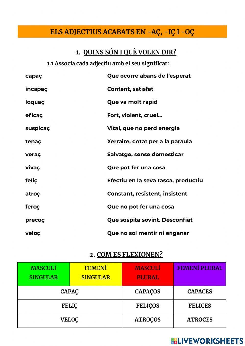 Els adjectius acabats en -aç, iç, -oç