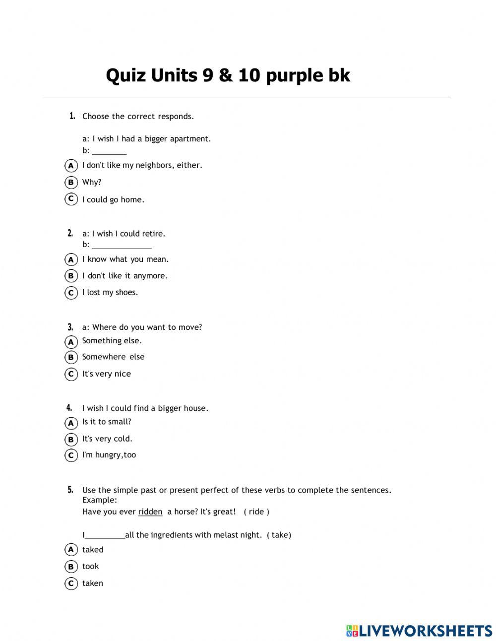 QUIZ UNIT 9 & 10 Purple Bk