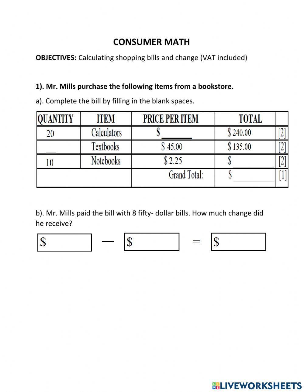 Consumer Math interactive worksheet Live Worksheets