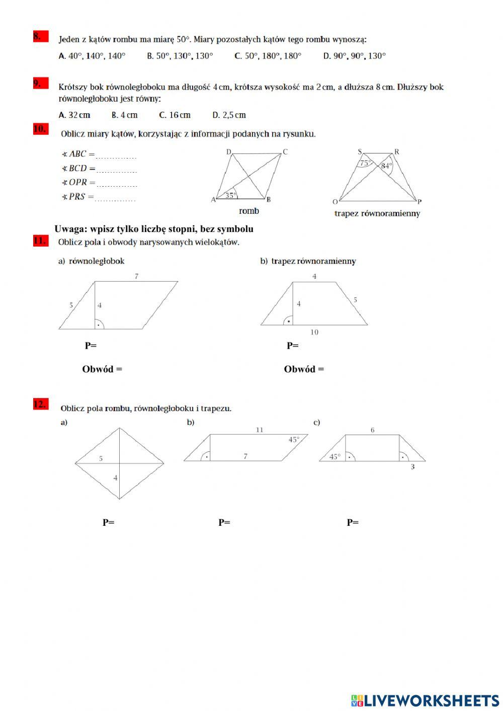 klasa 8 Czworokąty i trójkąty
