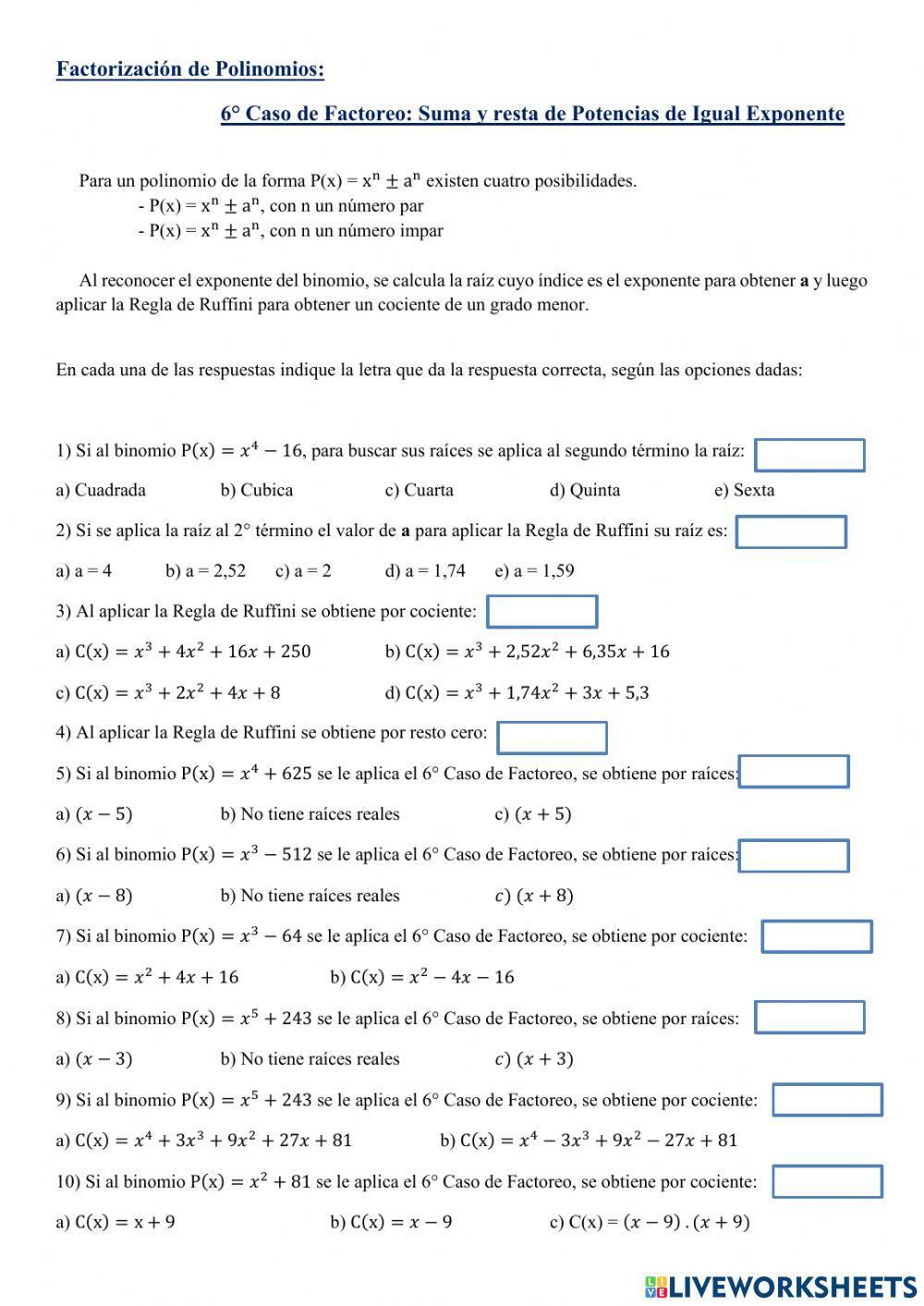 Factorización suma y-o Resta de Potencias de Igual exponente