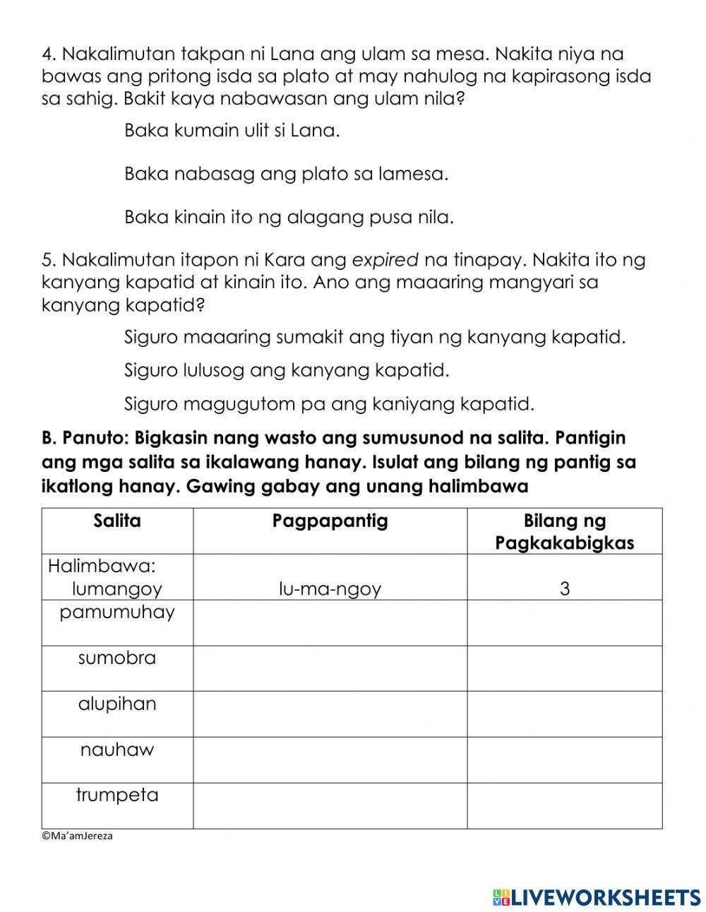 Filipino - Paghinuha at Pagbigkas ng Salita
