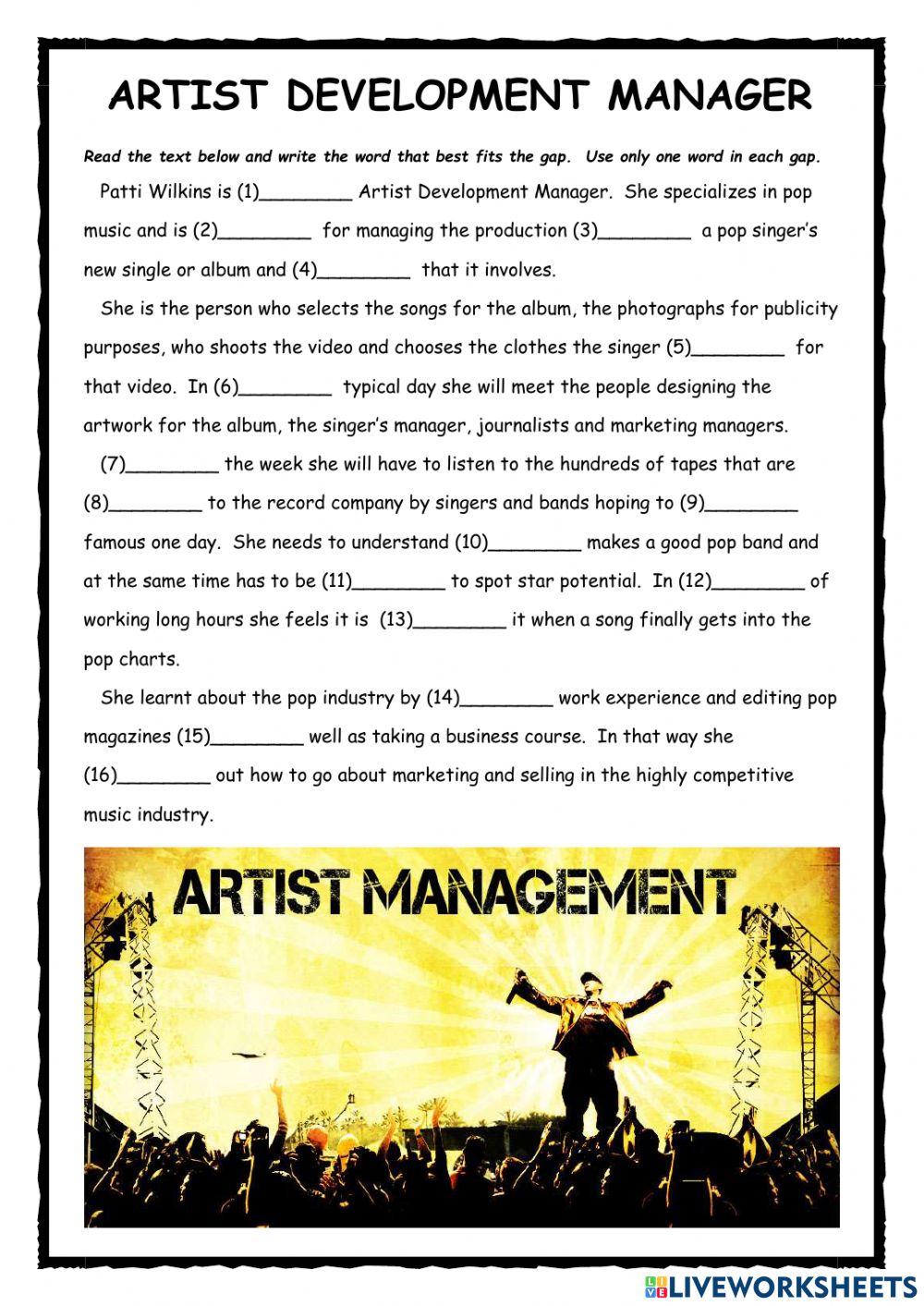 Artist Development Manager FCE Use of Eng