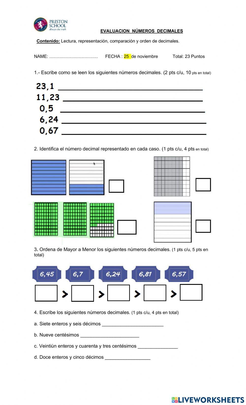Evaluacion decimales Evaluacion decimales