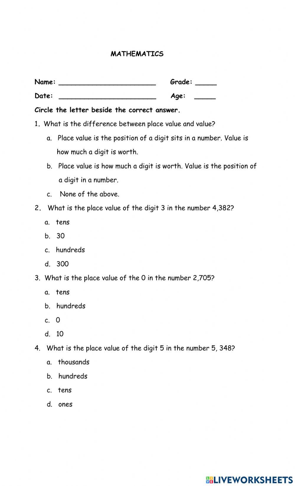 Mathematics online exercise for Grade 3 | Live Worksheets