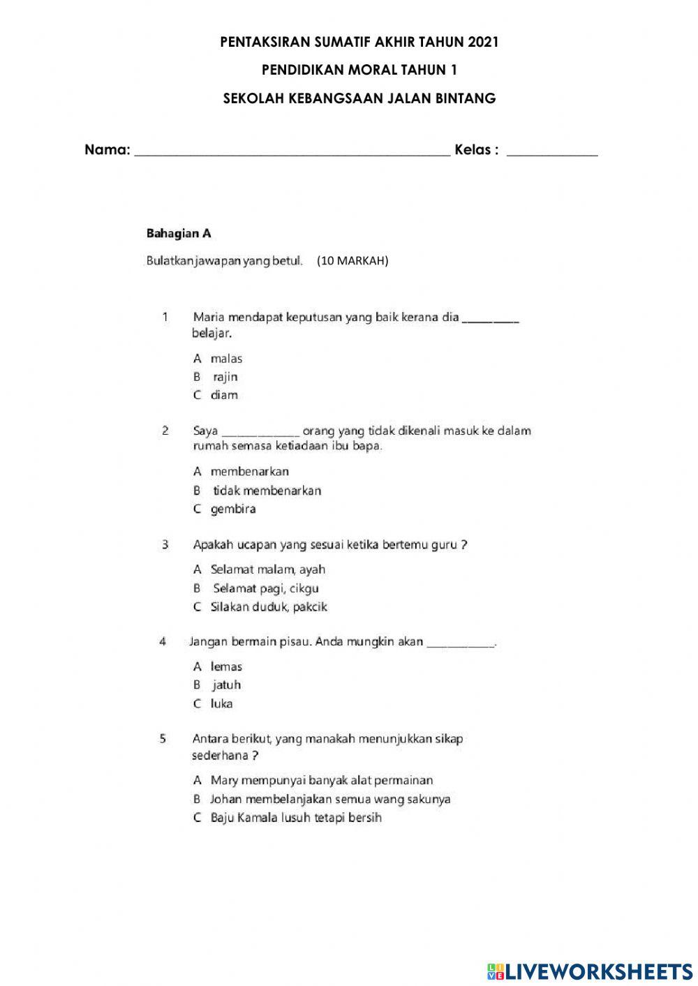 PENTAKSIRAN SUMATIF AKHIR TAHUN MORAL TAHUN 1