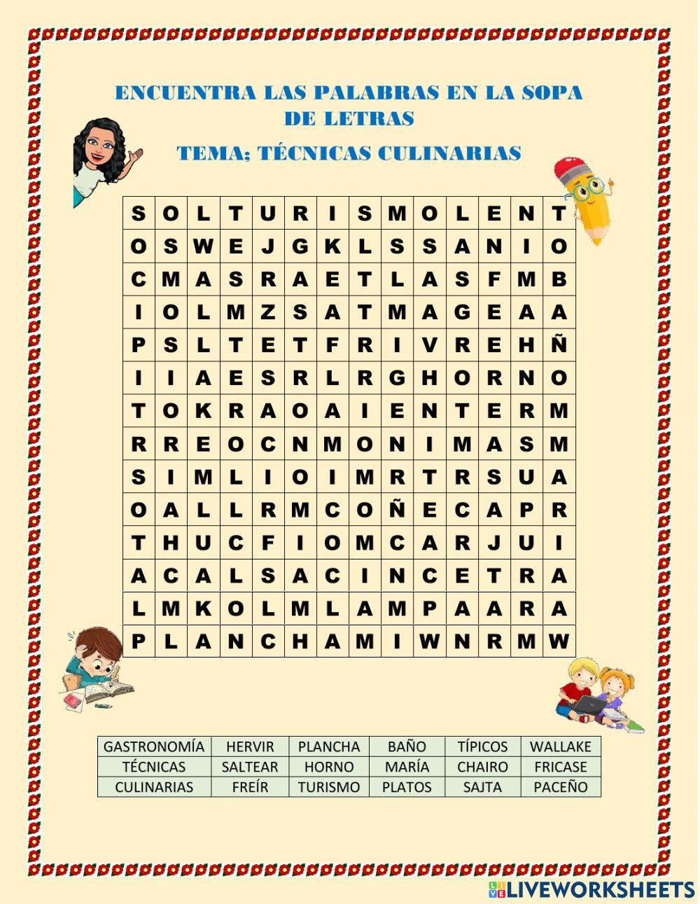 Sopa de letras de técnicas culinarias