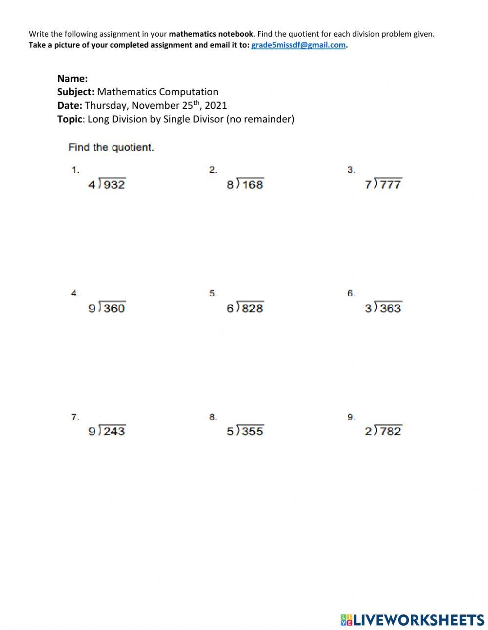 Long division single digit divisor online exercise for live worksheets
