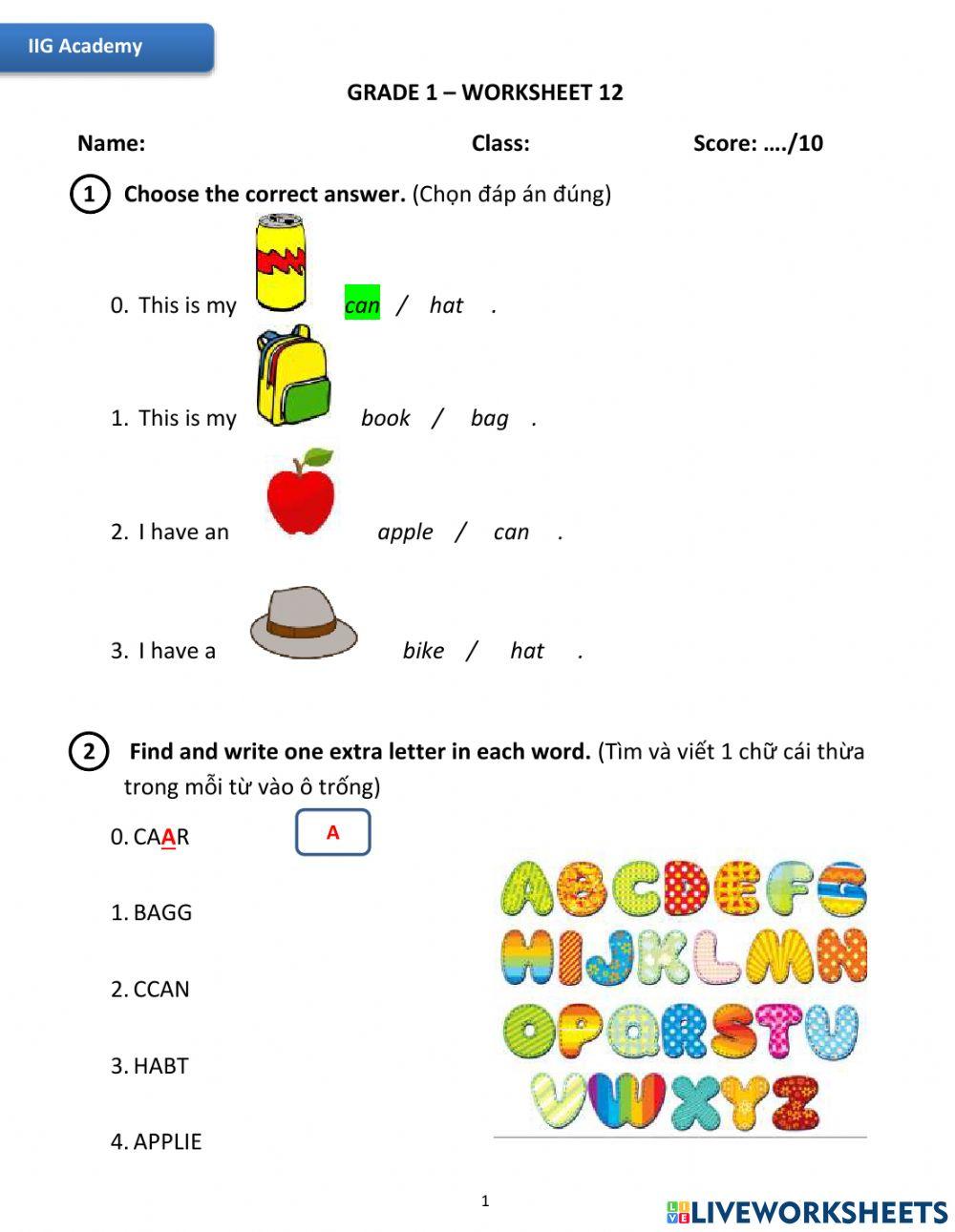 IIG-Grade 1-Worksheet 12