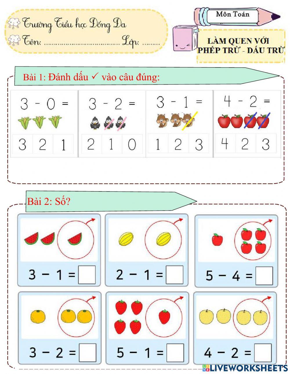 Làm quen với phép trừ - dấu trừ