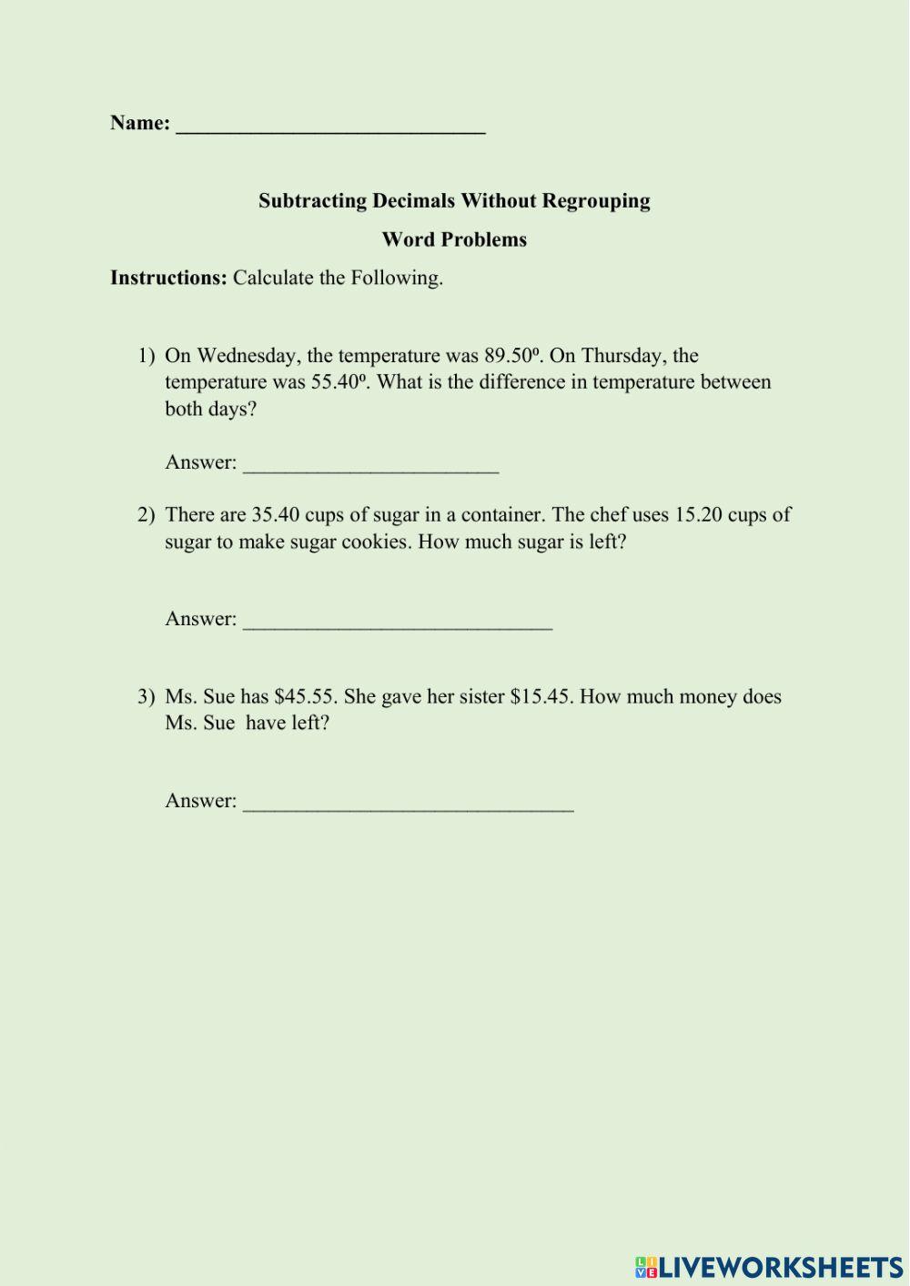 Subtracting Decimals Without Regrouping