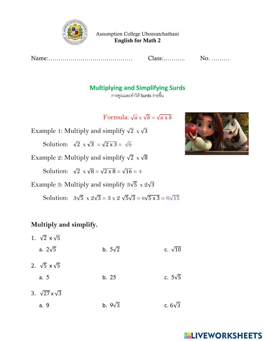 Adding and subtracting surds worksheet live worksheets 50 off