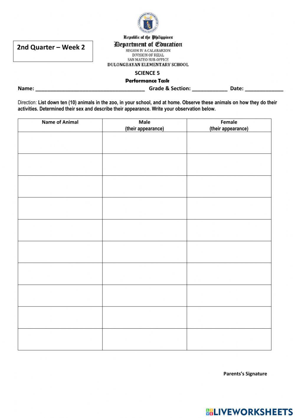 Science Quarter 2 Performance Task 2 worksheet | Live Worksheets