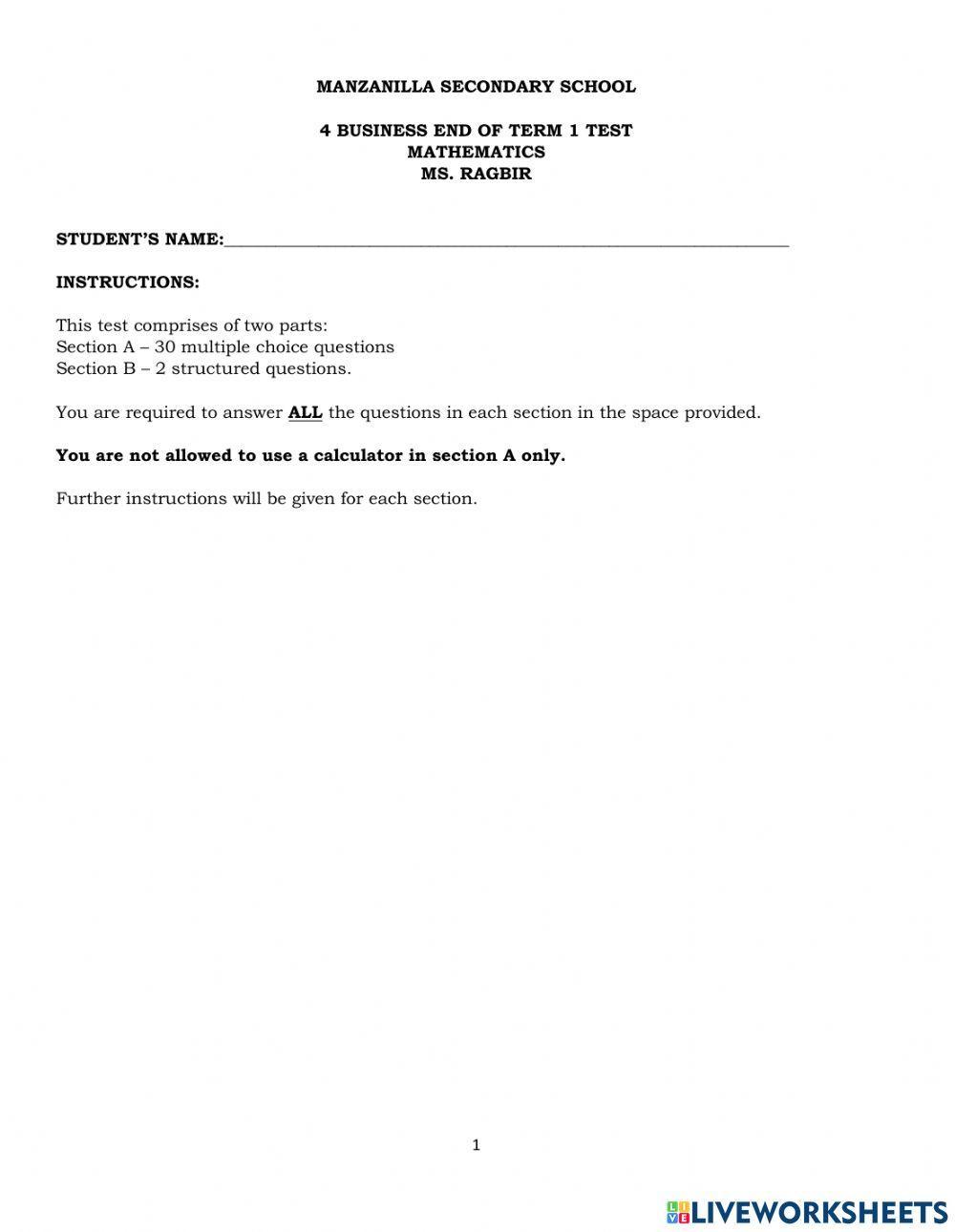 Four Business End Of Term 1 Test