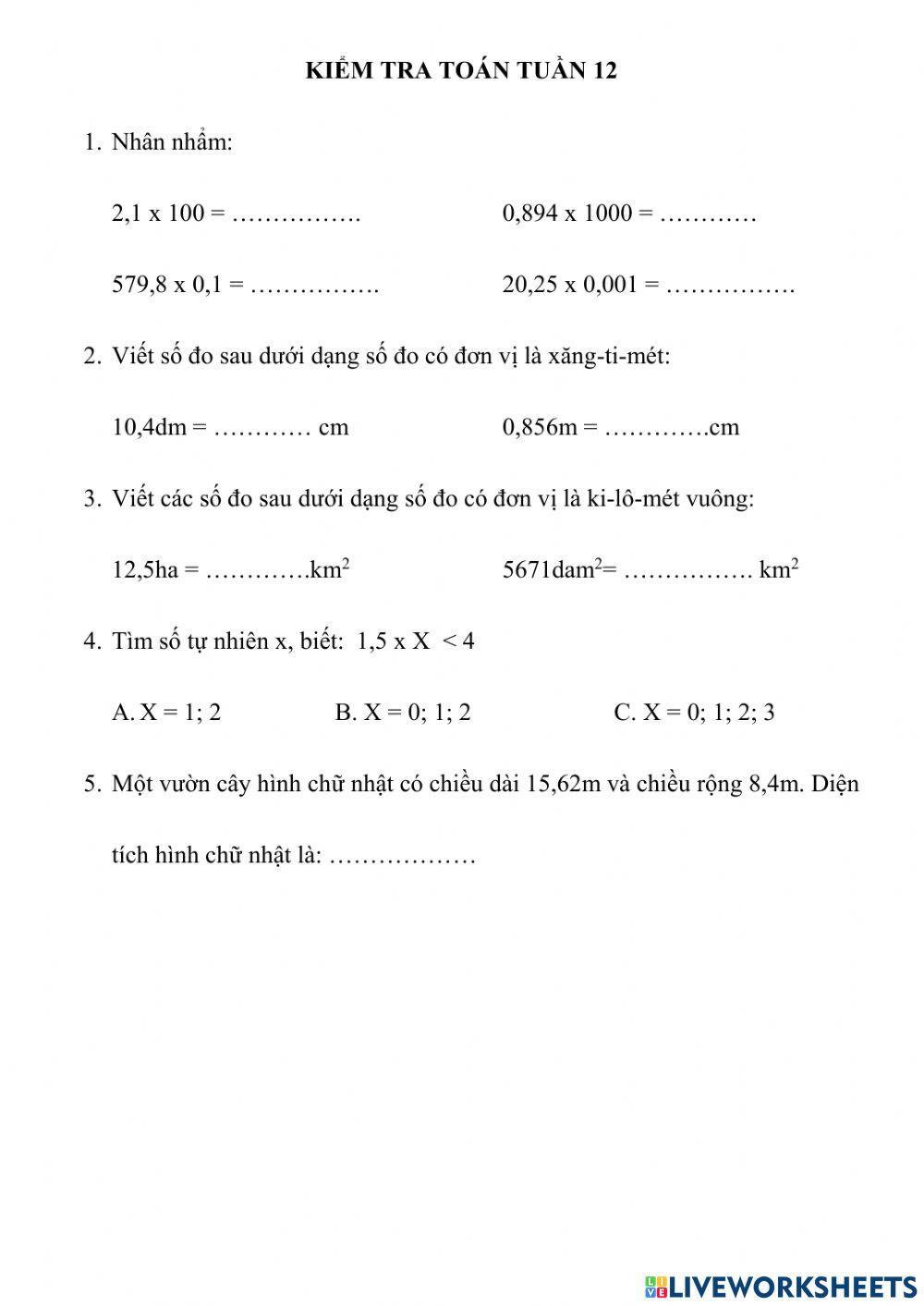 Kiểm tra Toán tuần 12 lớp 5