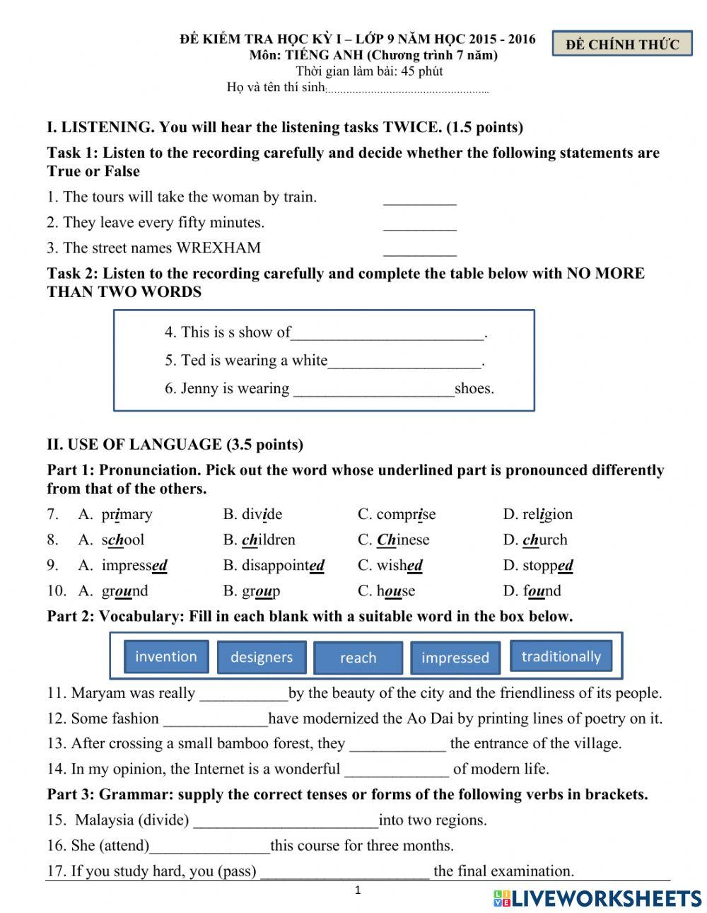 Đề thi học kỳ i