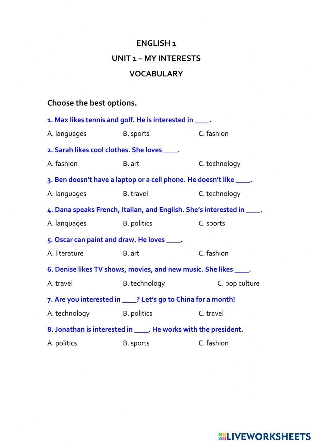 English 1 - My interests - Vocabulary