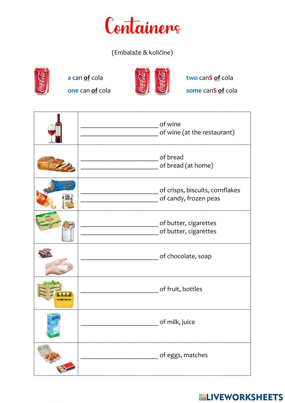 Containers English as a Second Language (ESL) exercise | Live Worksheets