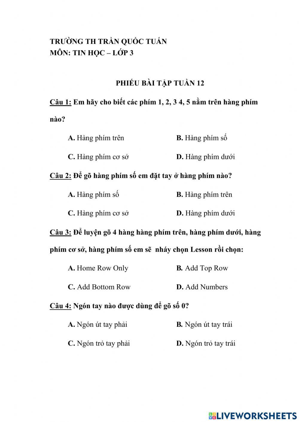 BT tin học lớp 3 - tuần 12