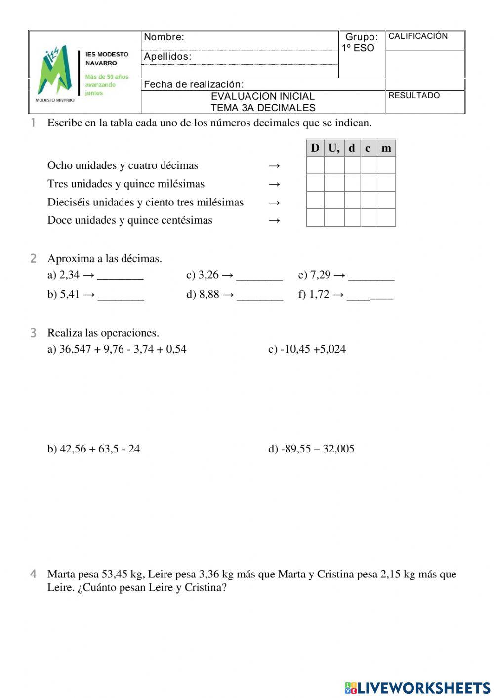 Matemáticas decimales evaluacion inicial 1 eso modesto navarro