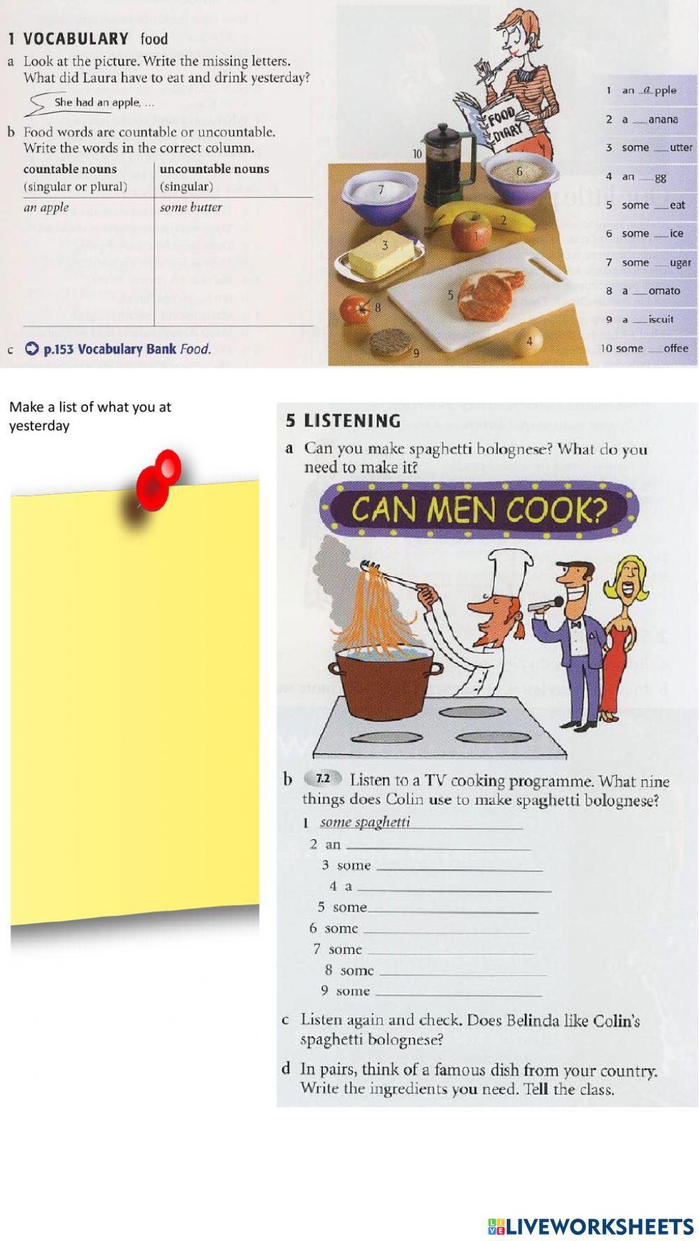 Basic 3 food countable and uncountable online exercise for live