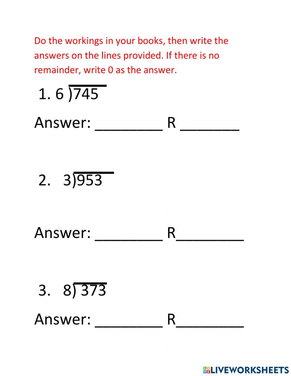 Long Division Worksheets 3 Digit By 1 Digit