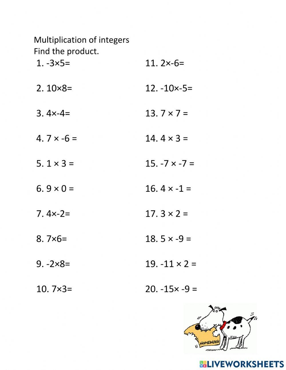 Multiplying Integers Worksheet