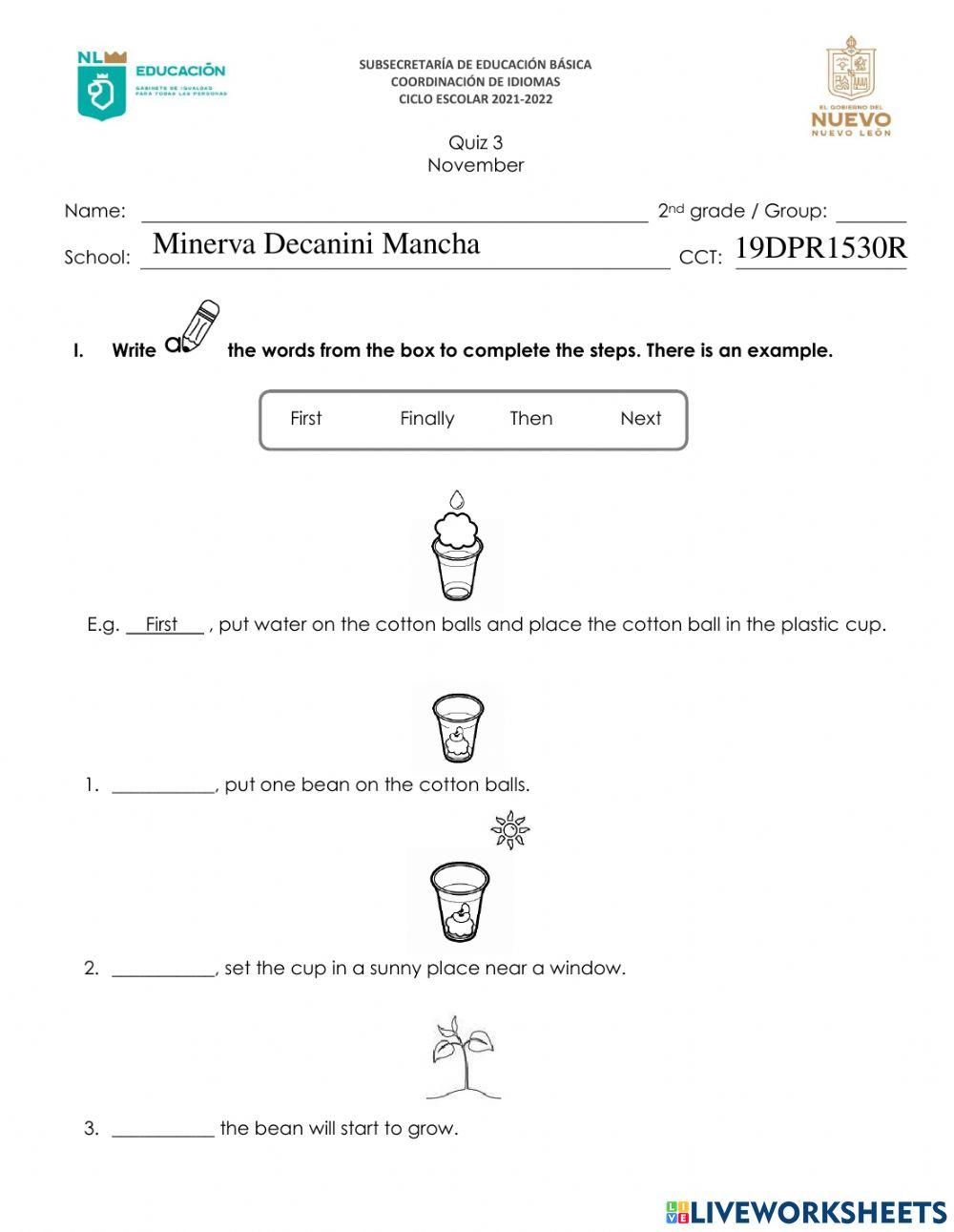 Cuestionario Mensual de Inglés - 2do. Grado - Noviembre