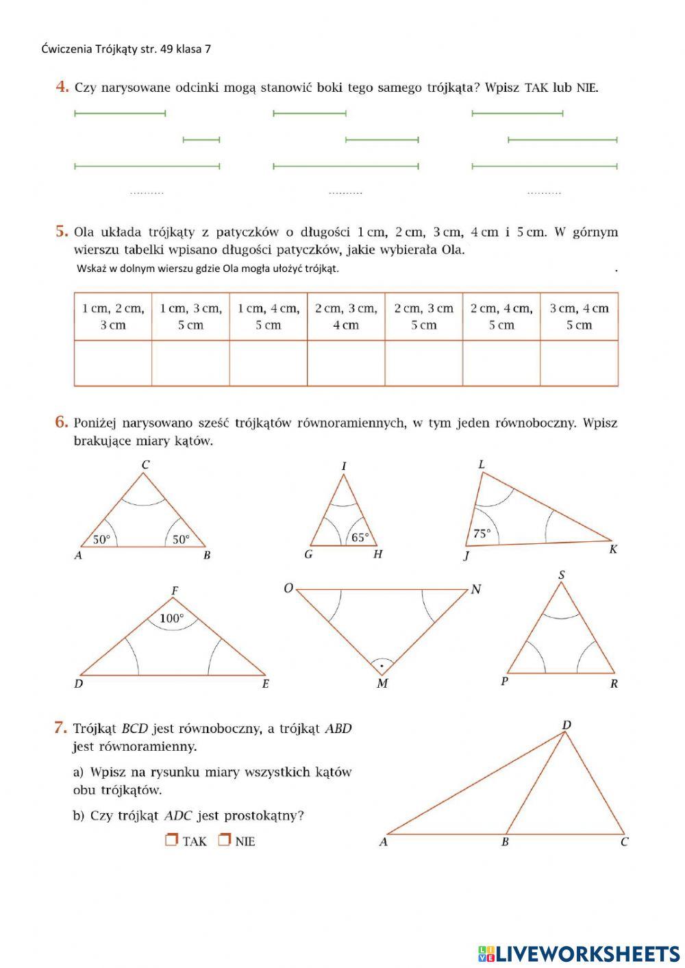 Praca domowa trójkąty ćwiczenia str. 49 klasa 7