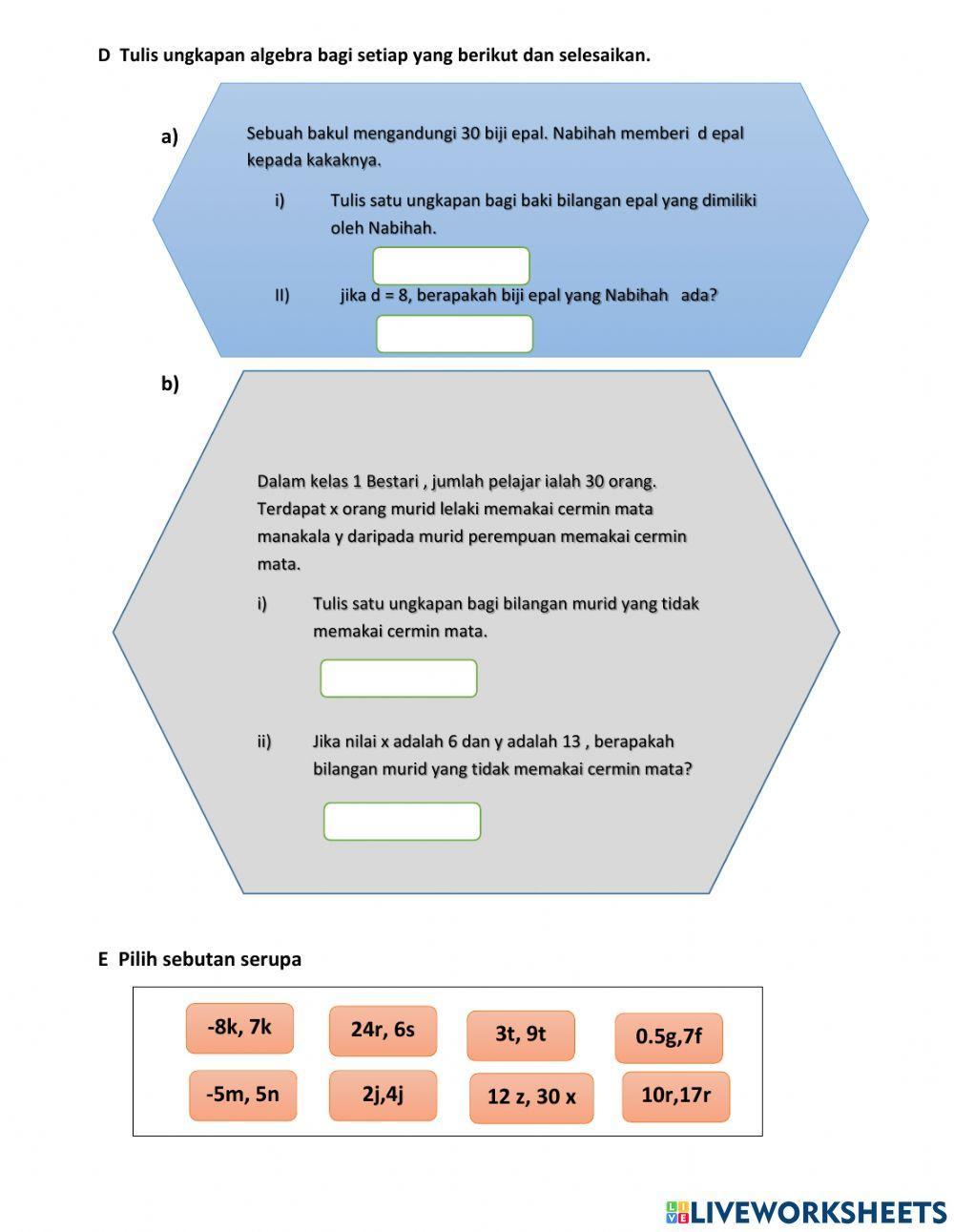 Bab 5 ungkapan algebra matematik tingkatan 1 Bab 5 ungkapan algebra matematik tingkatan 1