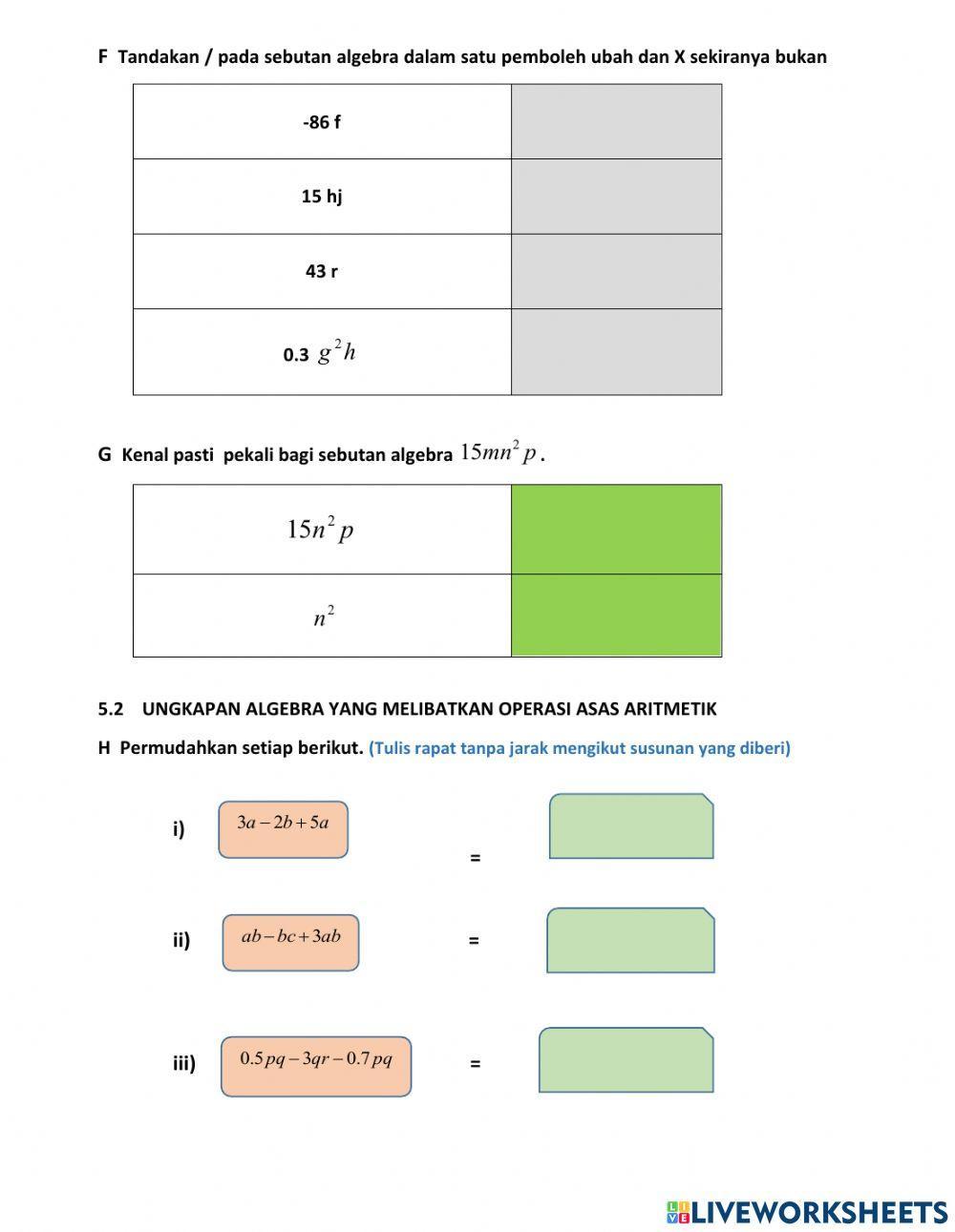 Bab 5 ungkapan algebra matematik tingkatan 1 Bab 5 ungkapan algebra matematik tingkatan 1