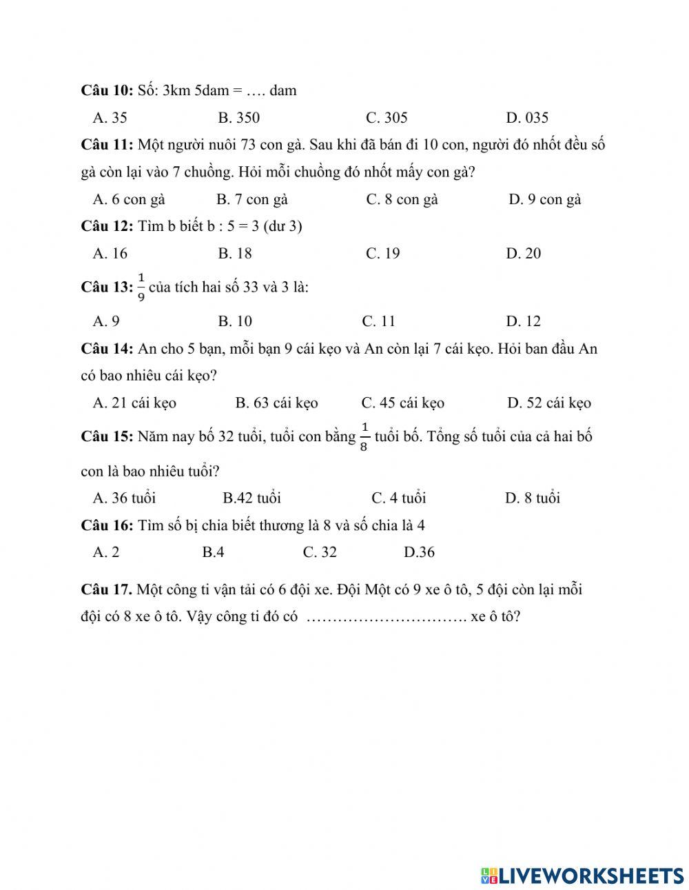 Phiếu Toán tuần 13