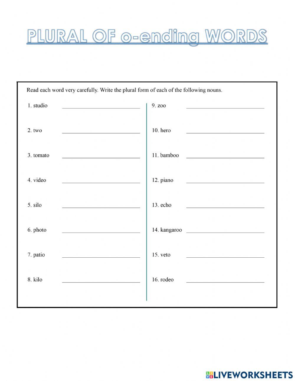 PLURAL OF O ENDING WORDS Online Exercise For Live Worksheets PLURAL OF O ENDING WORDS Online Exercise For Live Worksheets