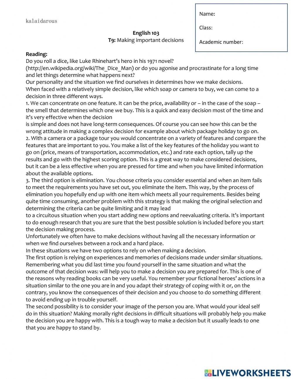 103 t9: Making important decisions