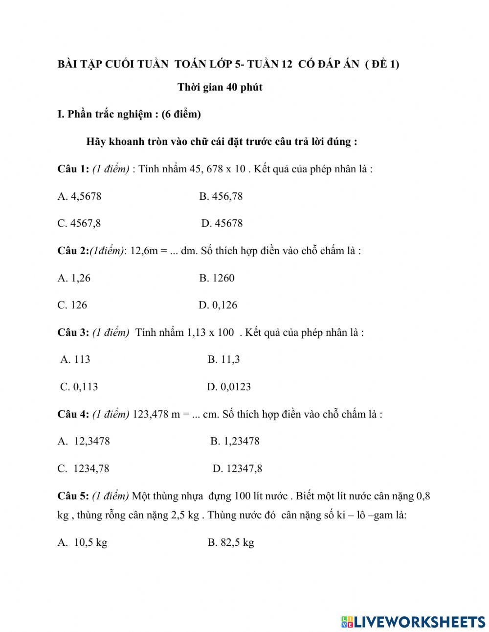 Đề thi toán chki lớp 5