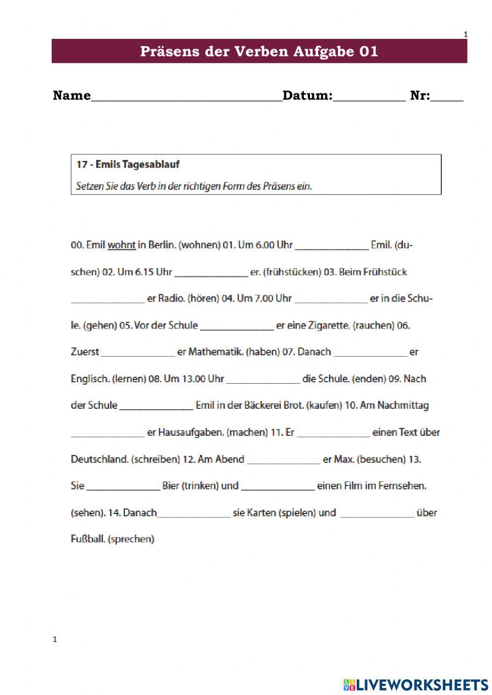 Präsens der Verben Aufgabe 01