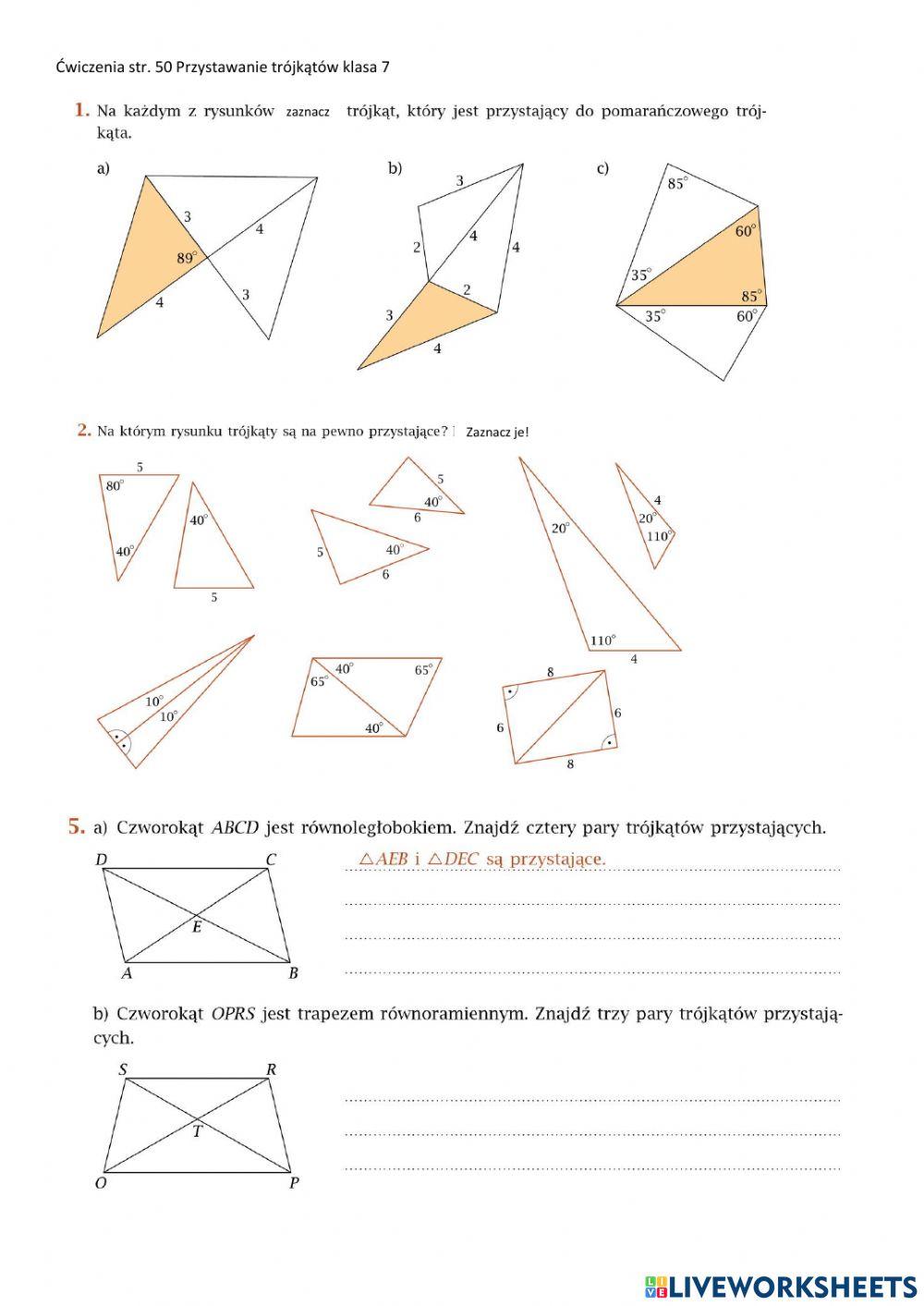 Ćwiczenia str. 50 Przystawanie trójkątów klasa 7